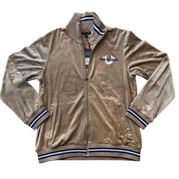 True Religion VELOUR TOUR TRACK JACKET Full Zip Men’s Large Travertine Tan - Picture 2 of 8
